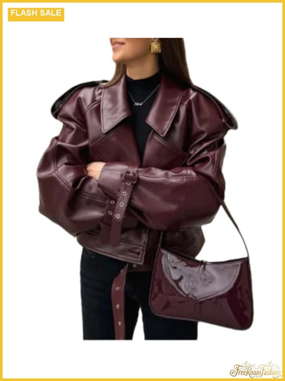 PU Leather Oversized Moto Biker Jacket Long Sleeve Retro Collar Fall Coat